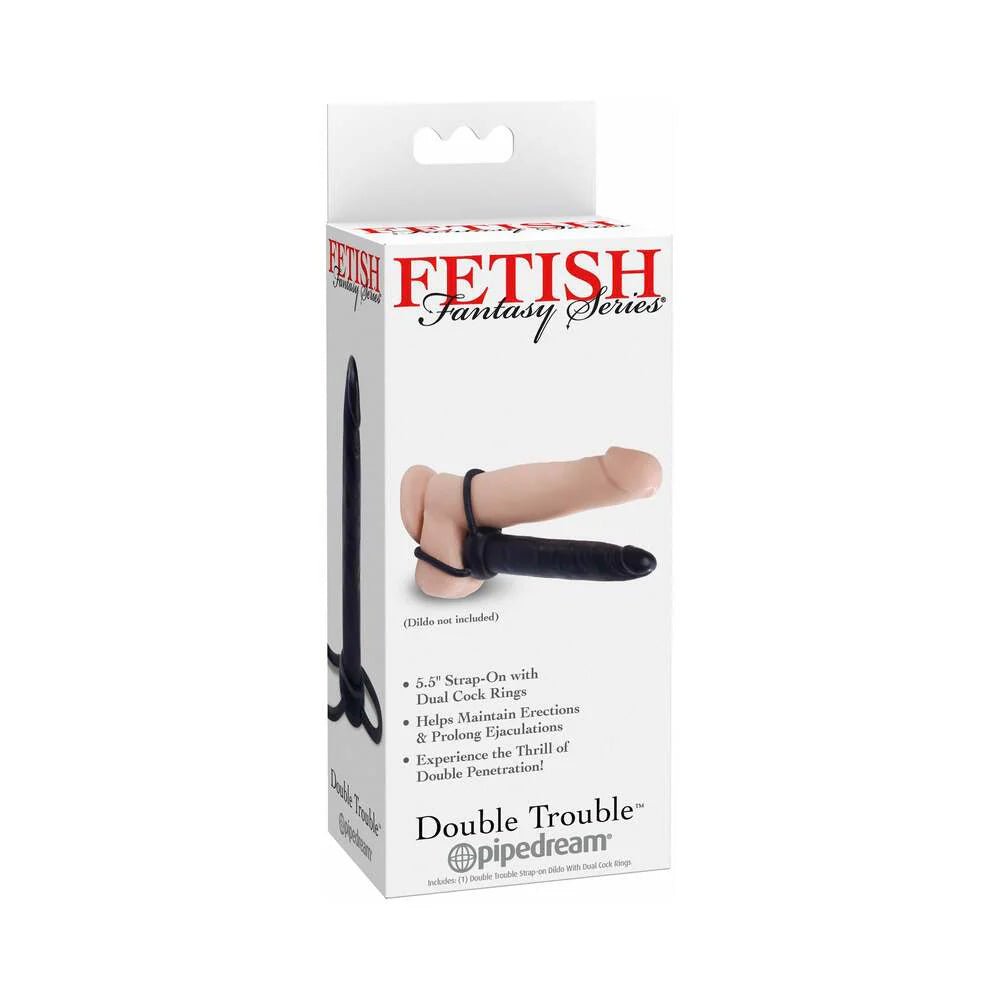 Fetish Fantasy Series Double Trouble Dual Cockring Strap - On With 5.5 in. Dildo Black - TruLuv Novelties