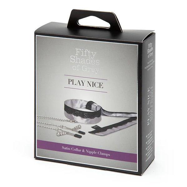 Fifty Shades of Grey Play Nice Satin Collar With Lace Trim & Adjustable Nipple Clamps Gray - TruLuv Novelties