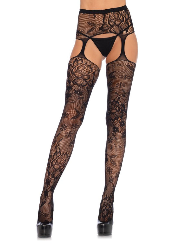 Floral Lace Stockings With Attached Waist Garterbelt - Black - One Size - TruLuv Novelties