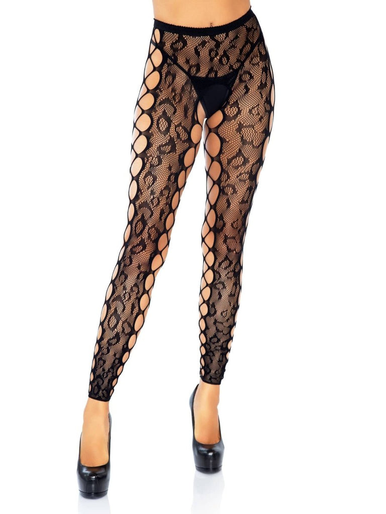 Footless Leopard Lace Crotchless Tights - Black - TruLuv Novelties