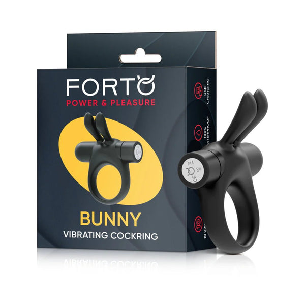 Forto Bunny Rechargeable Silicone Vibrating Cockring with Stimulating Ears Black - TruLuv Novelties