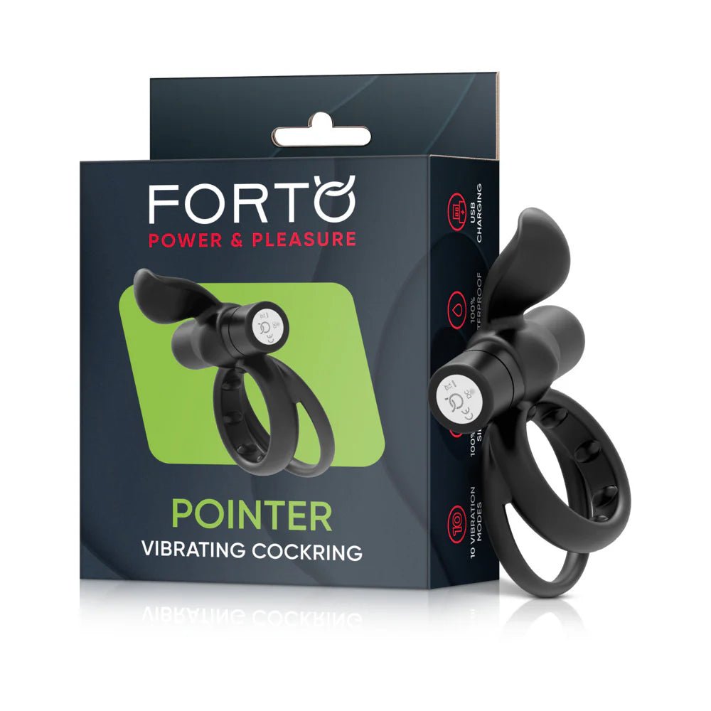 Forto Pointer Rechargeable Silicone Vibrating Dual Cockring with External Stimulator Black - TruLuv Novelties