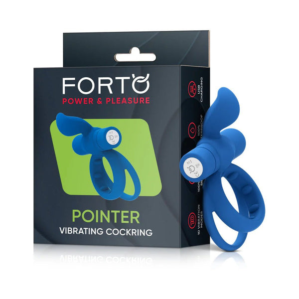 Forto Pointer Rechargeable Silicone Vibrating Dual Cockring with External Stimulator Blue - TruLuv Novelties