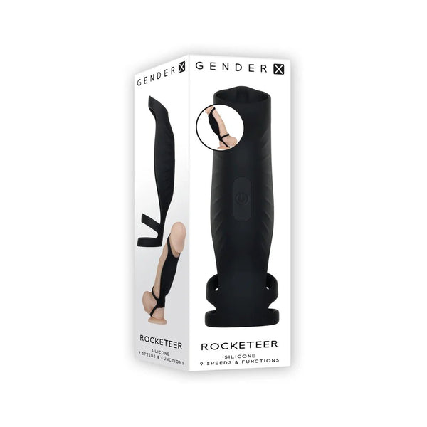 Gender X Rocketeer Rechargeable Triple - Ring Vibrating Silicone Penis Sheath Black - TruLuv Novelties