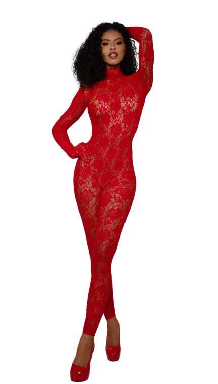 Gloved Bodystocking Dmnd - Os - Red - TruLuv Novelties