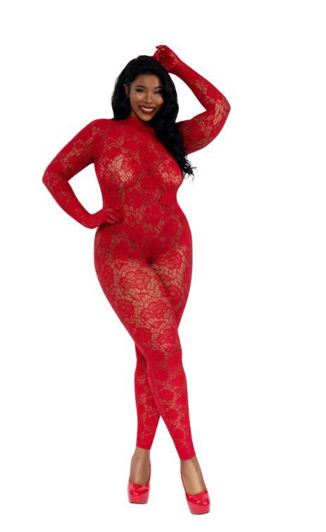 Gloved Bodystocking Dmnd - Qs - Red - TruLuv Novelties