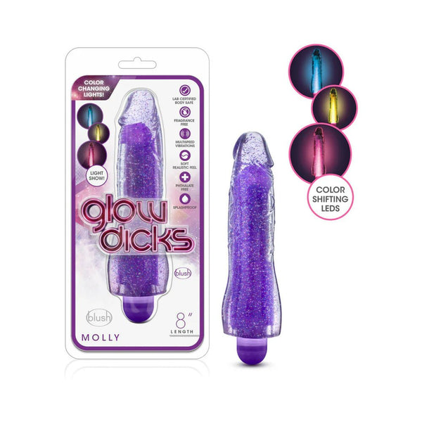 Glow Dicks Molly Color Changing 8 in. Vibrating Dildo Glitter Purple - TruLuv Novelties
