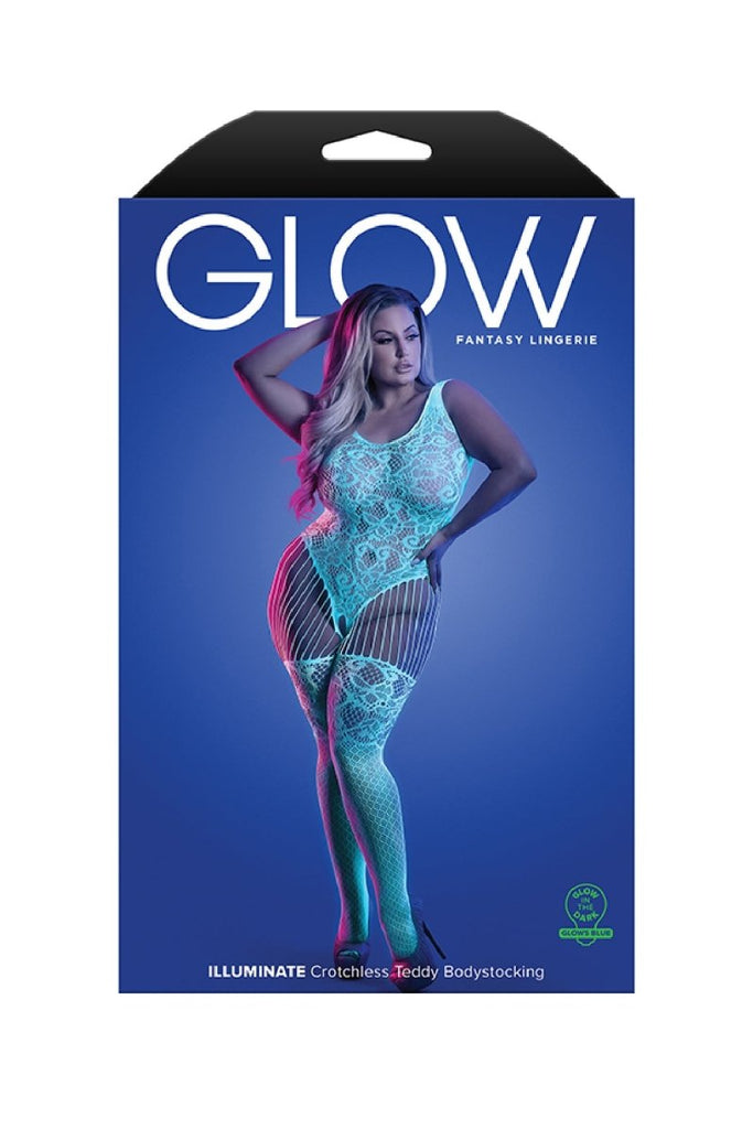Illuminate Crotchless Teddy Bodystocking - Queen - White/blue - TruLuv Novelties