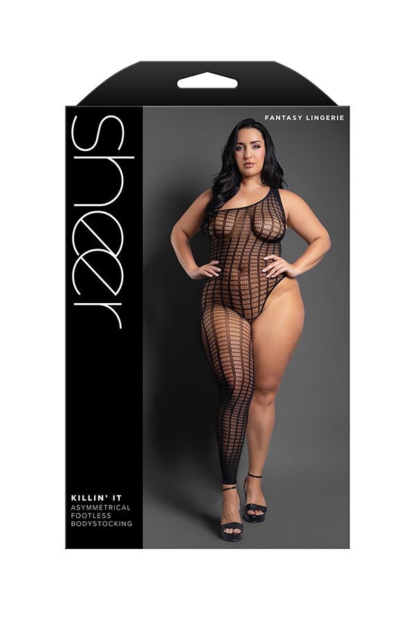 Killin It Asymmetrical Footless Bodystocking - Queen - Black - TruLuv Novelties