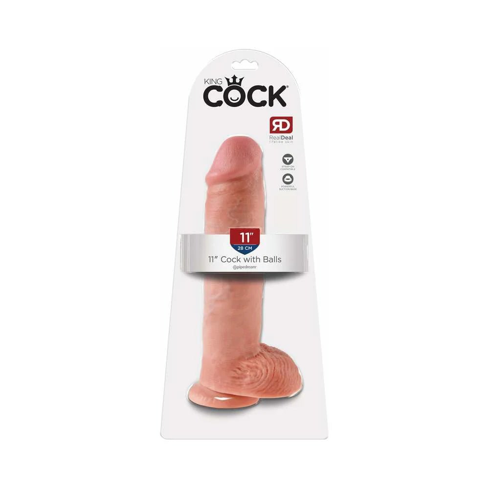 King Cock 11 in. Cock With Balls Realistic Suction Cup Dildo Beige - TruLuv Novelties