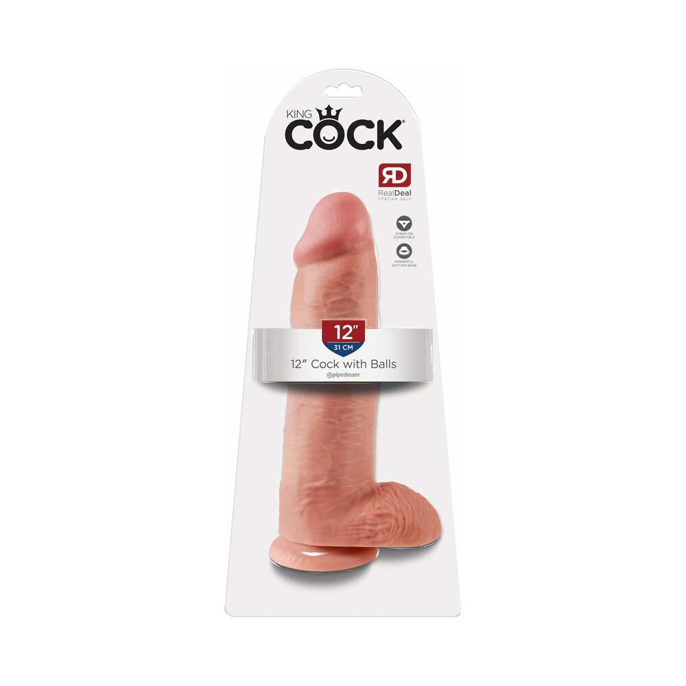 King Cock 12 in. Cock With Balls Realistic Suction Cup Dildo Beige - TruLuv Novelties