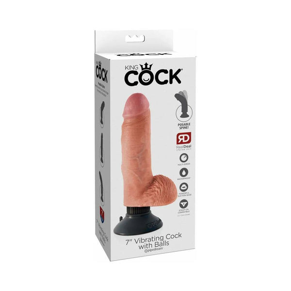 King Cock 7 in. Vibrating Cock With Balls Poseable Suction Cup Dildo Beige - TruLuv Novelties