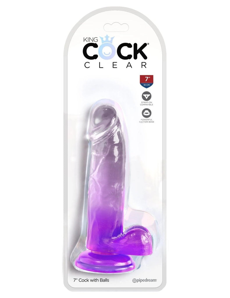 King Cock Clear 7 Inch With Balls - Purple - TruLuv Novelties