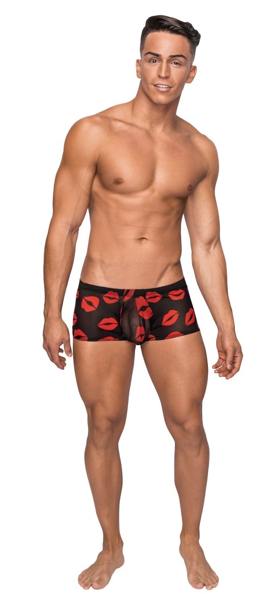 Kiss Me - Mini Short - Large - Sheer Lips Black - TruLuv Novelties