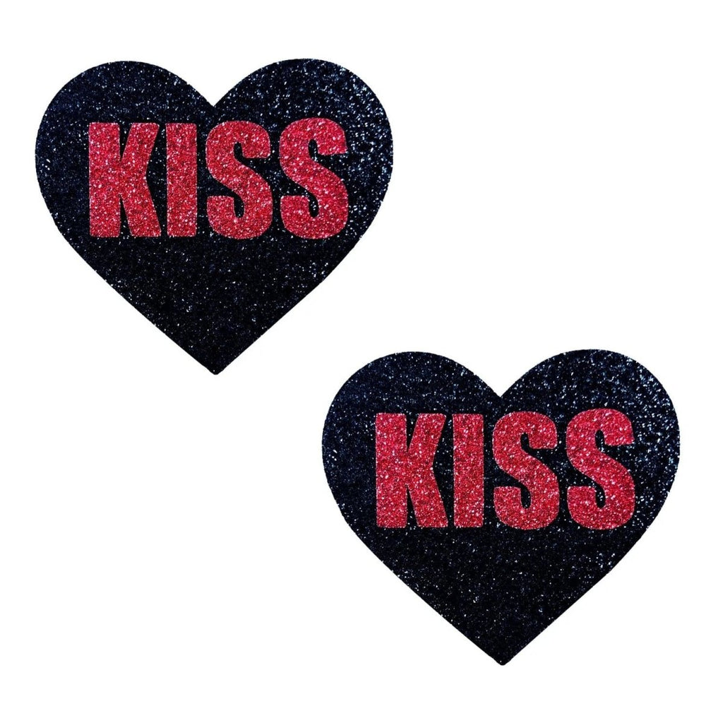 Kiss Red and Black Valentine Glitter Heart Nipple Cover Pasties - TruLuv Novelties