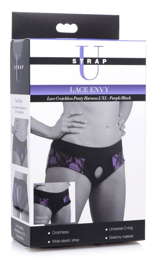 Lace Envy Crotchless Panty Harness - Black and Purple - TruLuv Novelties