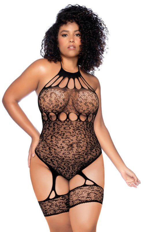 Leopard Halter Fishnet Bodysuit - Curve Os - Black - TruLuv Novelties