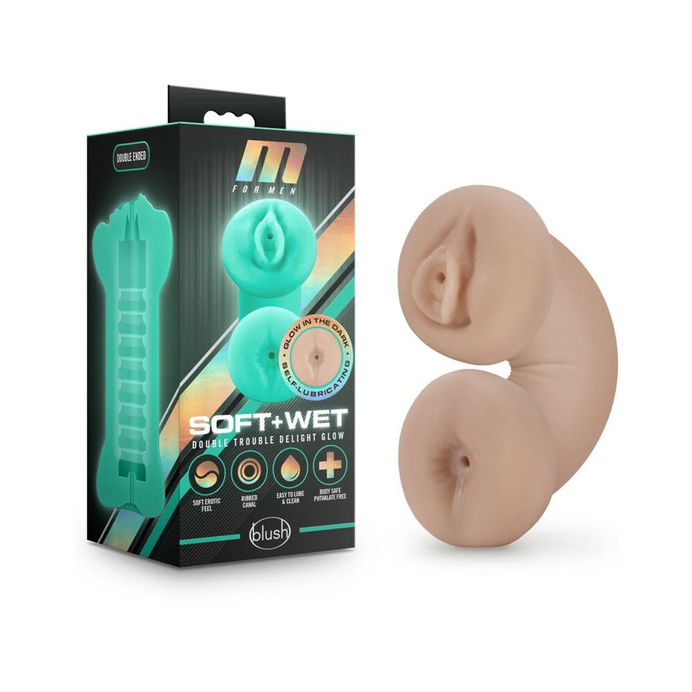 M for Men Soft + Wet Double Trouble Glow in the Dark Self - Lubricating Stroker Beige - TruLuv Novelties