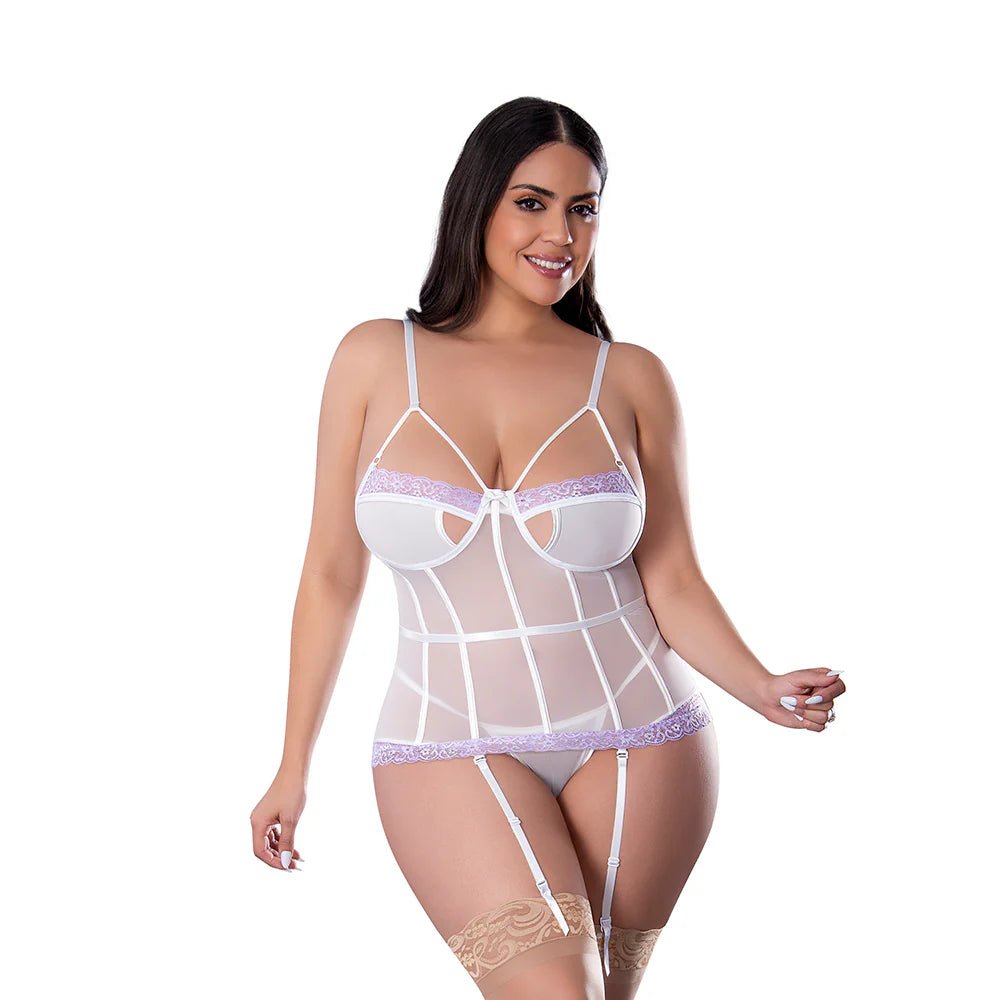 Magic Silk Sheer Passion Keyhole Basque & Crotchless G - String White/Lavender Queen Size - TruLuv Novelties