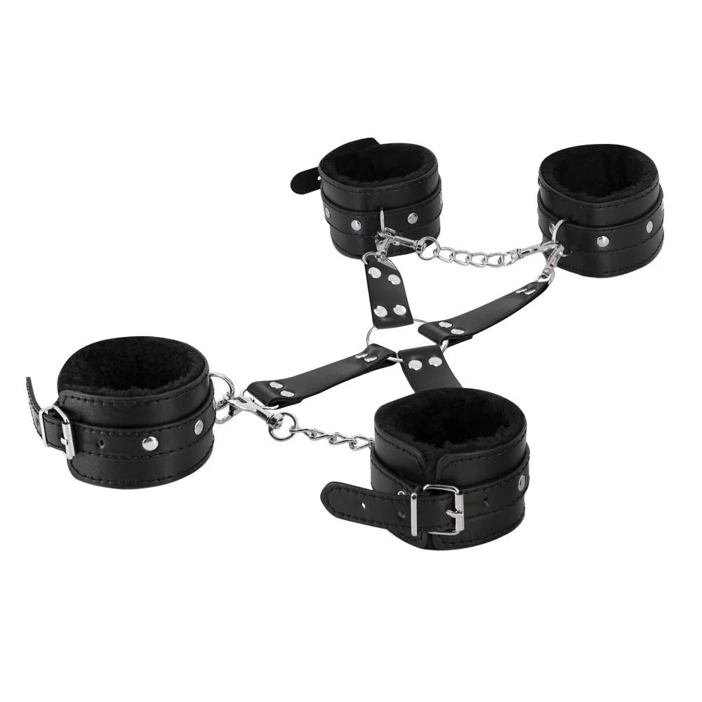 Male Power Leather All 4's Fuzzy Cuff Set Black - TruLuv Novelties