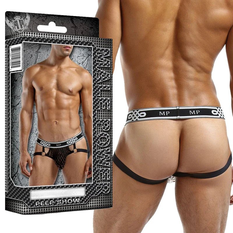 Male Power Peep Show Jock Ring Small/Medium (Black) - TruLuv Novelties
