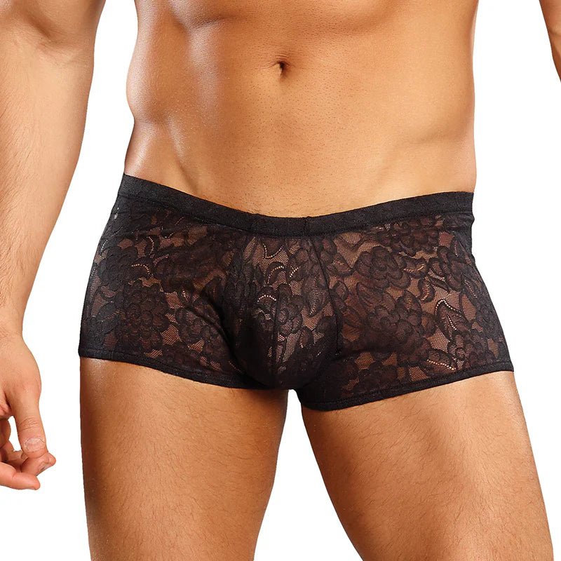 Male Power Stretch Lace Mini Short Black Med - TruLuv Novelties