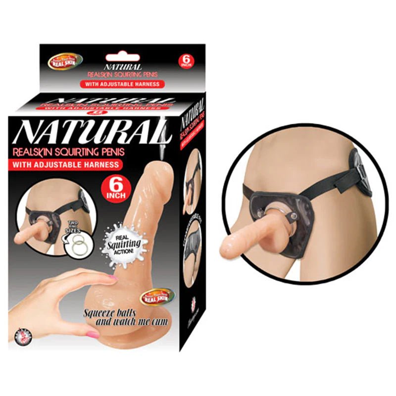 Natural Realskin Squirting Penis with Adjustable Harness 6 in. Beige - TruLuv Novelties