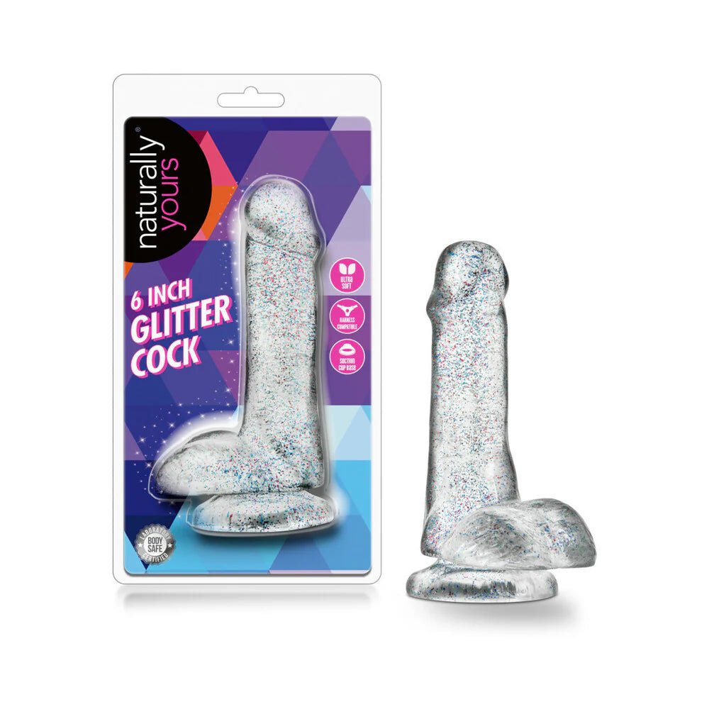 Naturally Yours 6 in. Glitter Cock Realistic Dildo with Balls Sparkling Clear - TruLuv Novelties