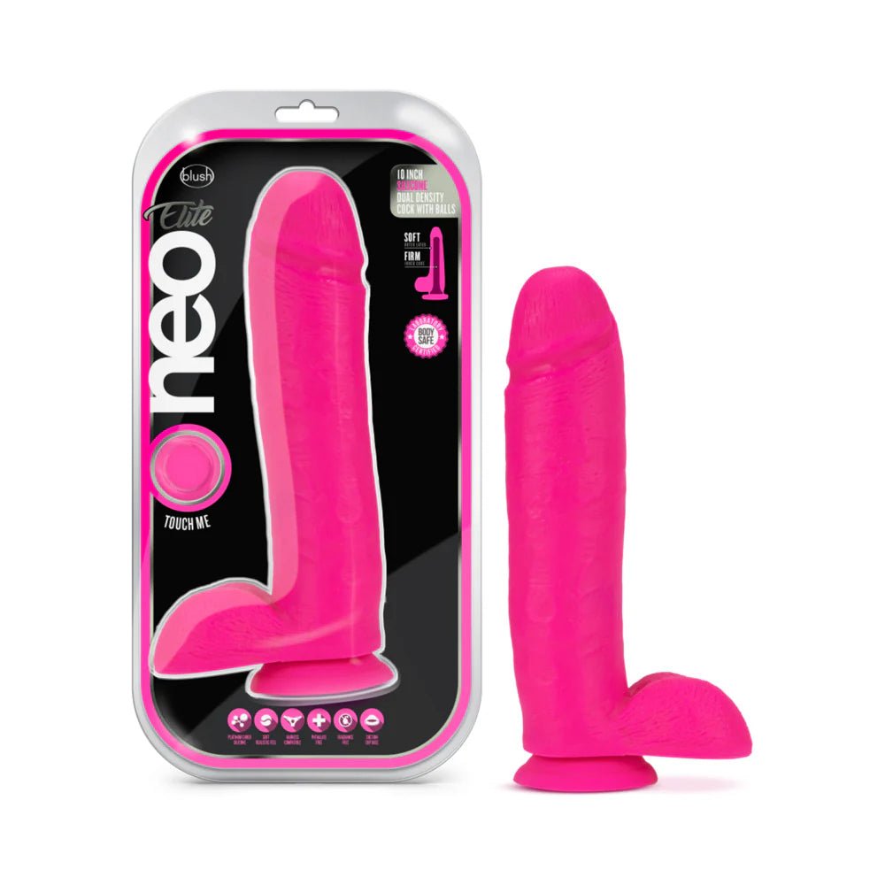 Neo Elite 10 in. Silicone Dual Density Dildo with Balls Neon Pink - TruLuv Novelties