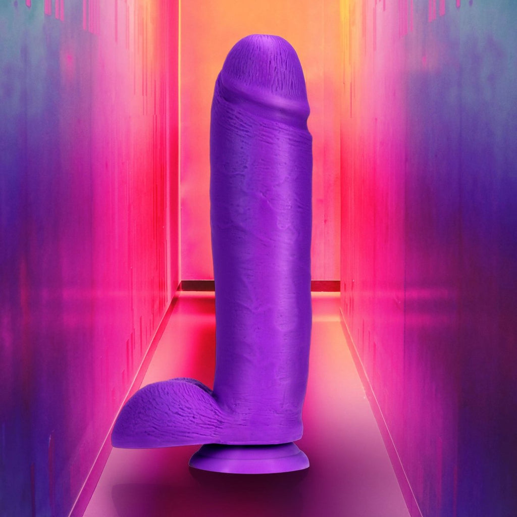 Neo Elite - 10 Inch Silicone Dual Density Cock with Balls - Neon Purple - TruLuv Novelties