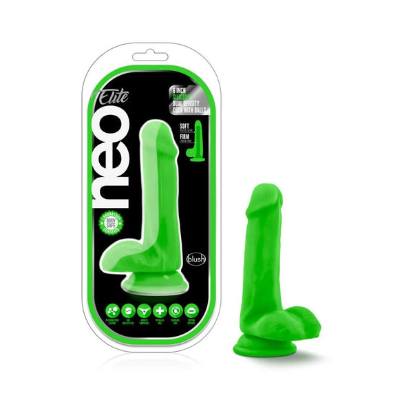 Neo Elite 6 in. Silicone Dual Density Dildo with Balls Neon Green - TruLuv Novelties
