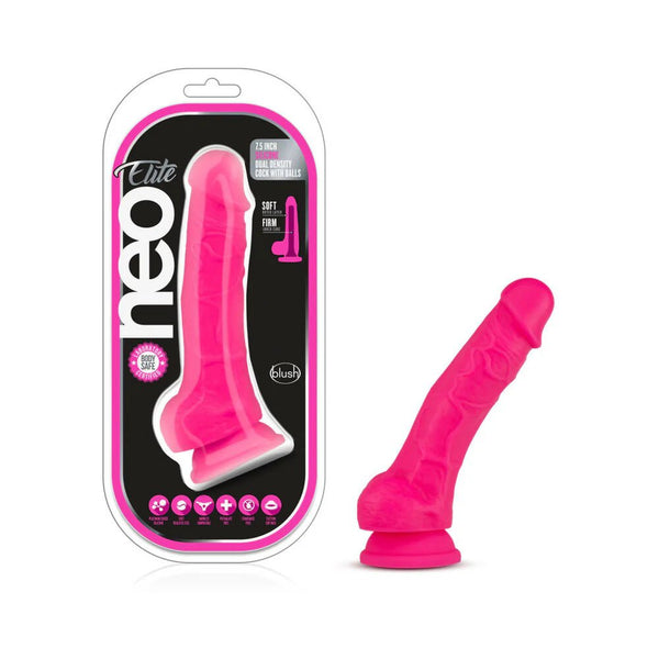 Neo Elite 7.5 in. Silicone Dual Density Dildo with Balls Neon Pink - TruLuv Novelties