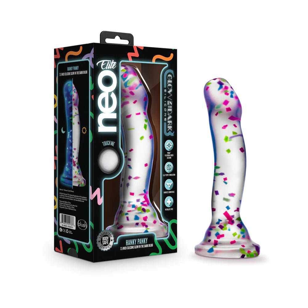 Neo Elite Hanky Panky 7.5 in. Glow - in - the - Dark Silicone Confetti Dildo - TruLuv Novelties