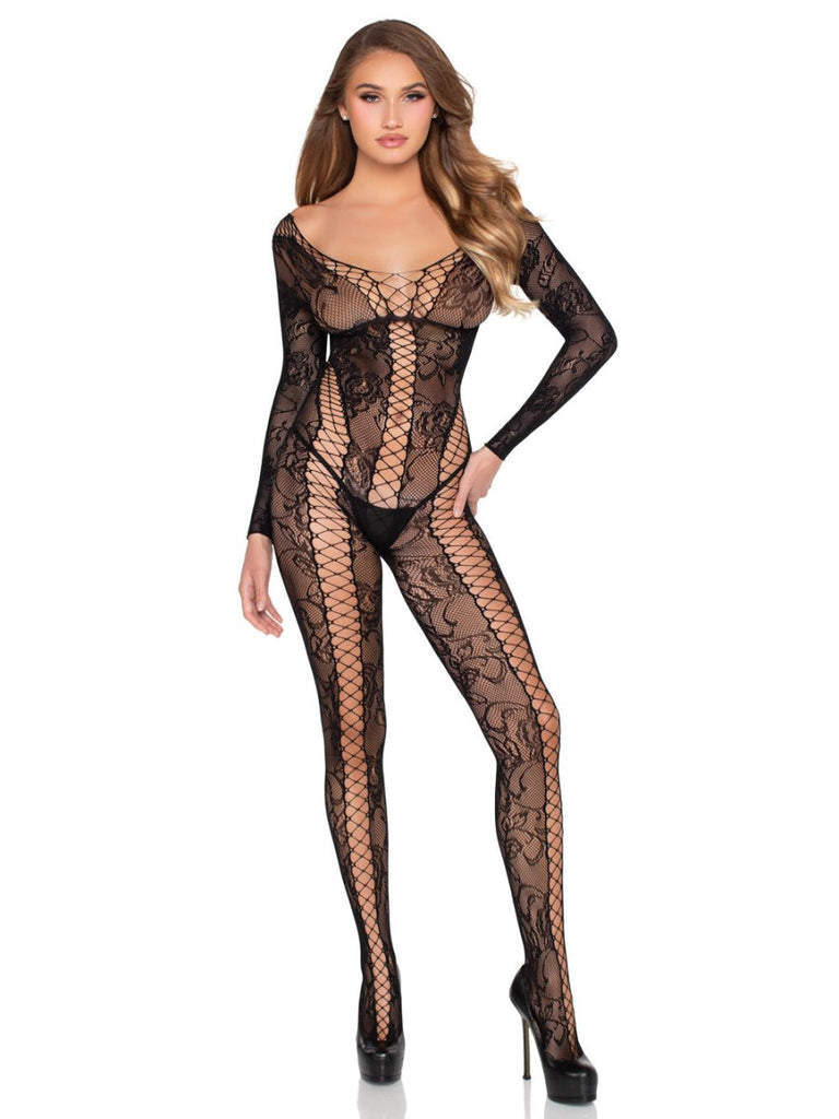 Net and Lace Crotchless Lingerie Jumpsuit - Os - Black - TruLuv Novelties