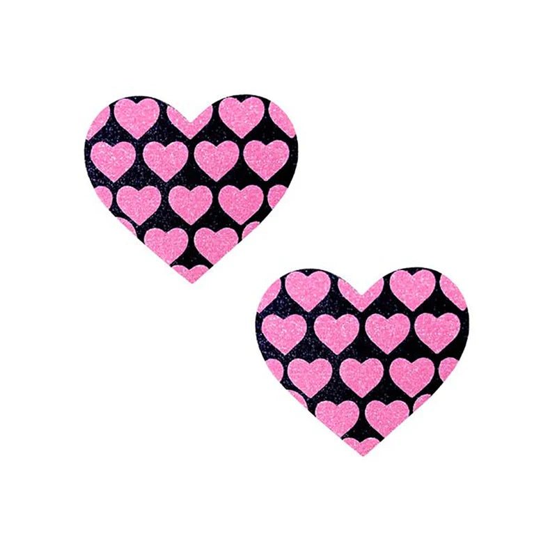 Neva Nude Pink Heart UV Valentines Black Glitter Heart Nipztix Pasties - TruLuv Novelties