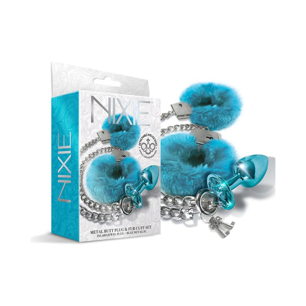 Nixie Metal Butt Plug & Furry Handcuff Set Medium Blue Metallic - TruLuv Novelties