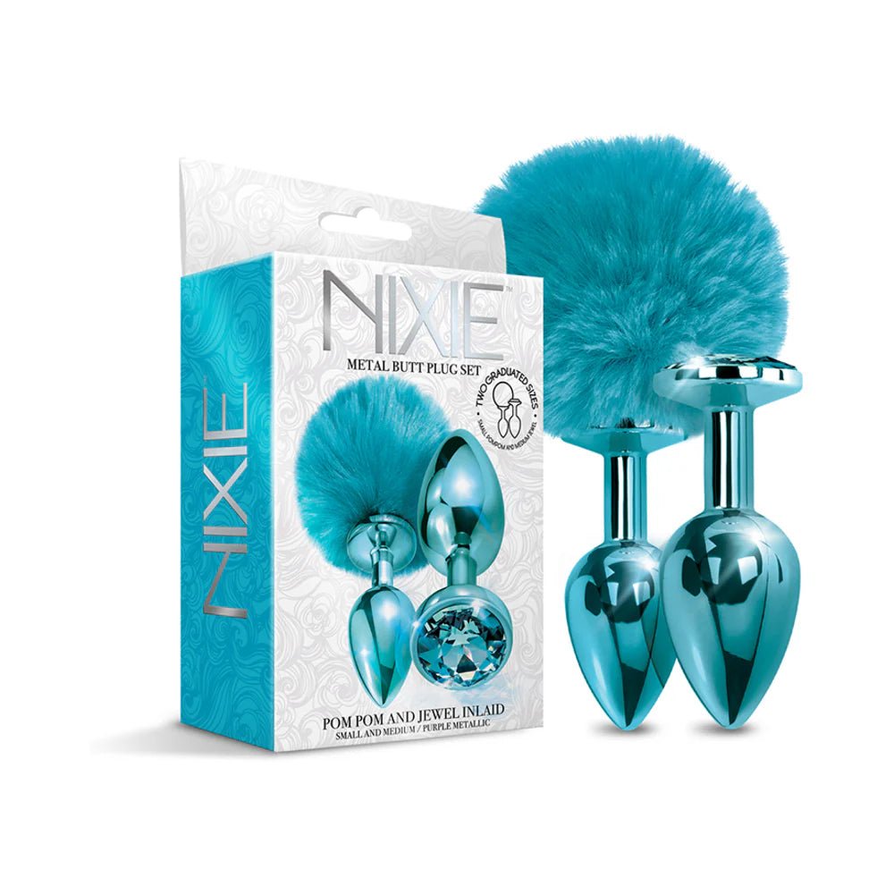 NIXIE Metal Butt Plug Set Pom Pom and Jewel - Inlaid Metallic Blue - TruLuv Novelties