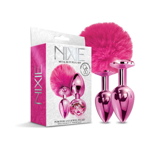 NIXIE Metal Butt Plug Set Pom Pom and Jewel - Inlaid Metallic Pink - TruLuv Novelties