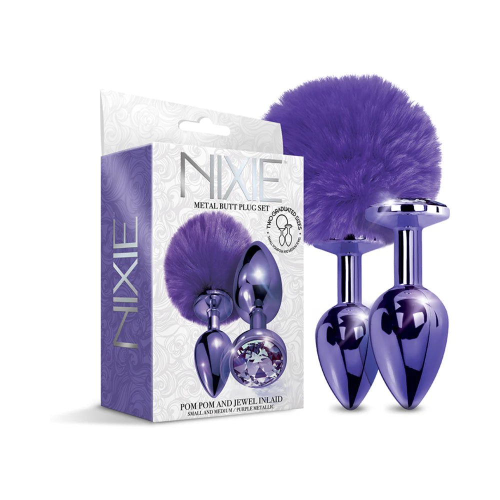 NIXIE Metal Butt Plug Set Pom Pom and Jewel - Inlaid Metallic Purple - TruLuv Novelties