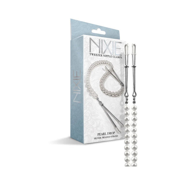 Nixie Pearl Drop Beaded Tweezer Nipple Clamps Silver - TruLuv Novelties