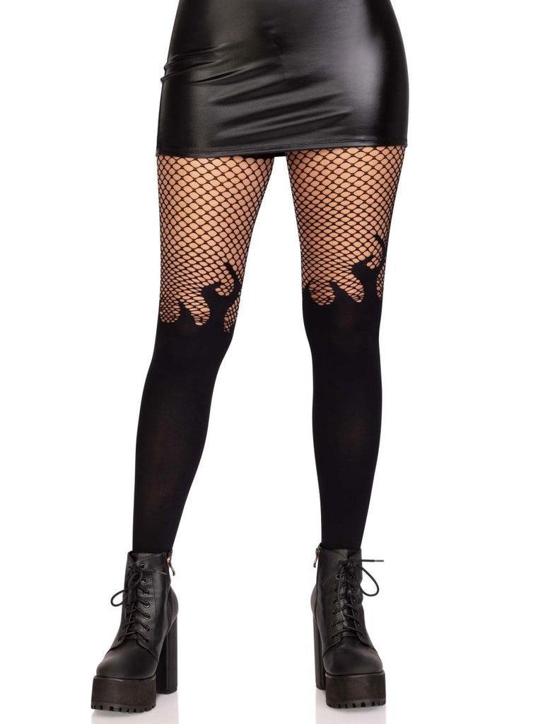 Opaque Flame Tights With Fishnet Top - One Size - TruLuv Novelties