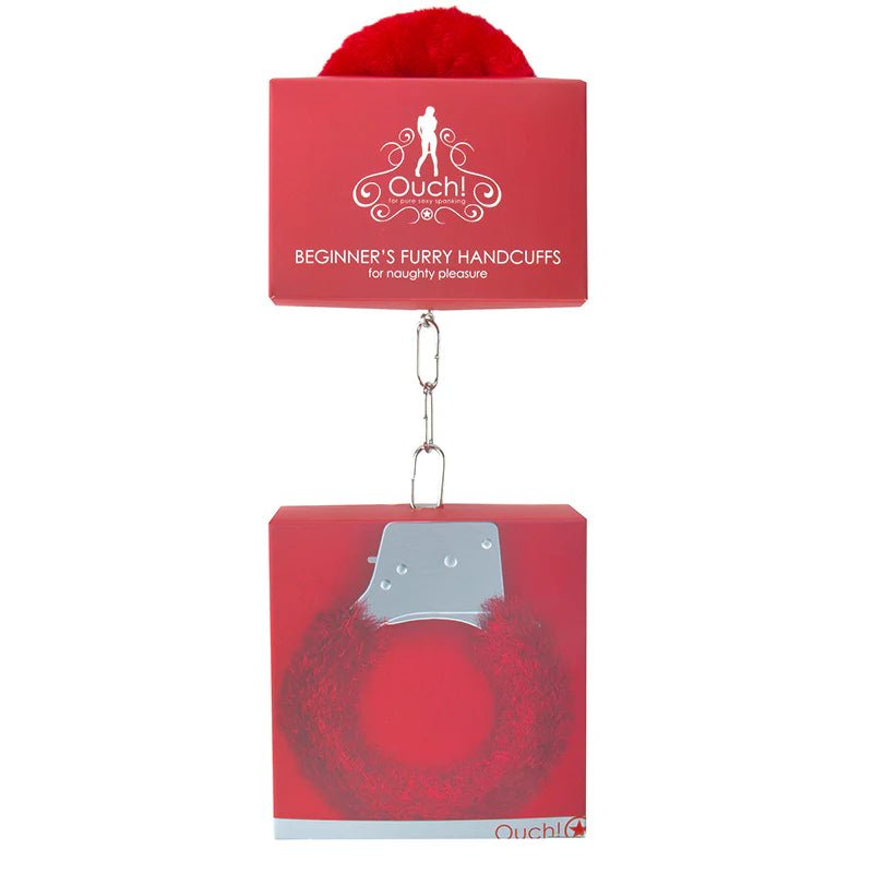 Ouch! Beginner's Furry Handcuffs With Quick - Release Red - TruLuv Novelties