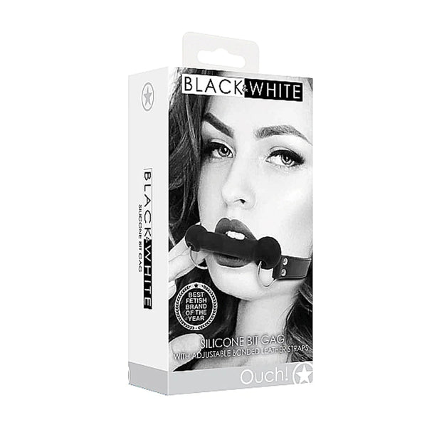 Ouch! Black & White Silicone Bit Gag With Adjustable Bonded Leather Straps Black - TruLuv Novelties