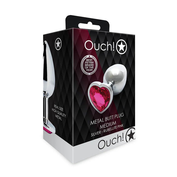 Ouch! Heart Gem Butt Plug Medium Silver/Rubellite Pink - TruLuv Novelties