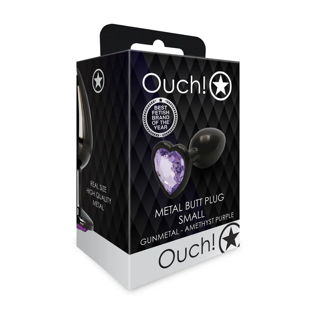 Ouch! Heart Gem Butt Plug Small Gunmetal/Amethyst - TruLuv Novelties