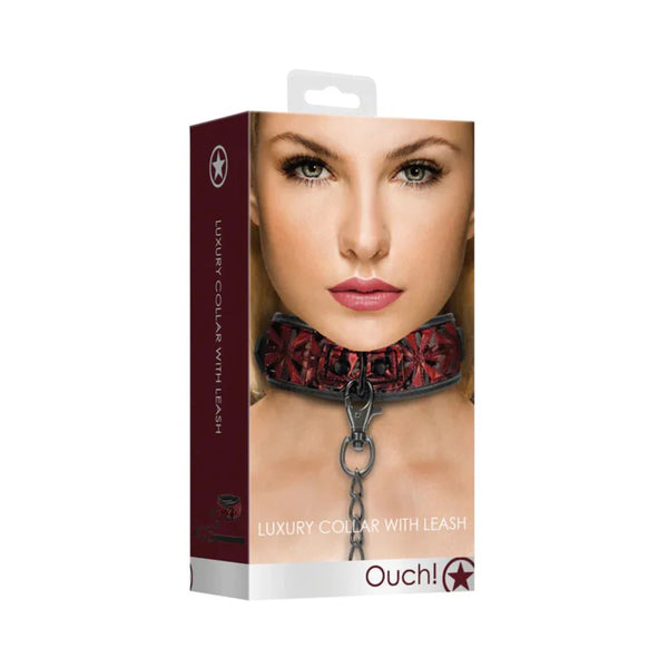 Ouch! Luxury Adjustable Collar With Leash Burgundy - TruLuv Novelties