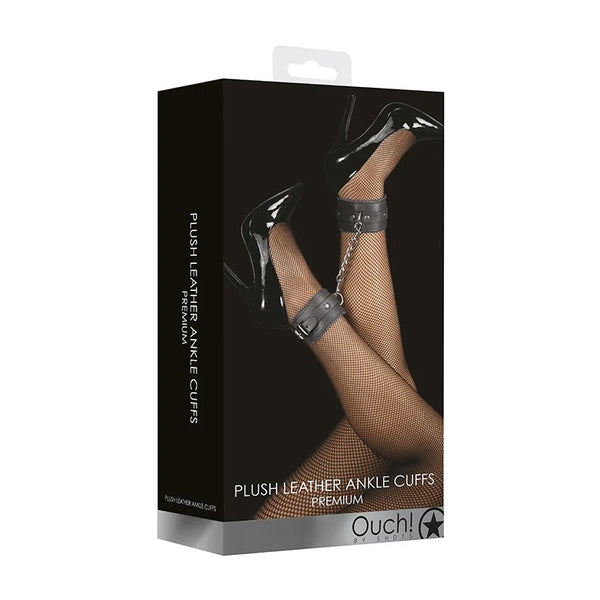 Ouch! Premium Plush Leather Adjustable Ankle Cuffs Black - TruLuv Novelties