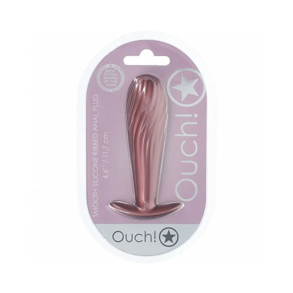 Ouch! Smooth Silicone Ribbed Anal Plug 4.6 in. Rose Gold - TruLuv Novelties