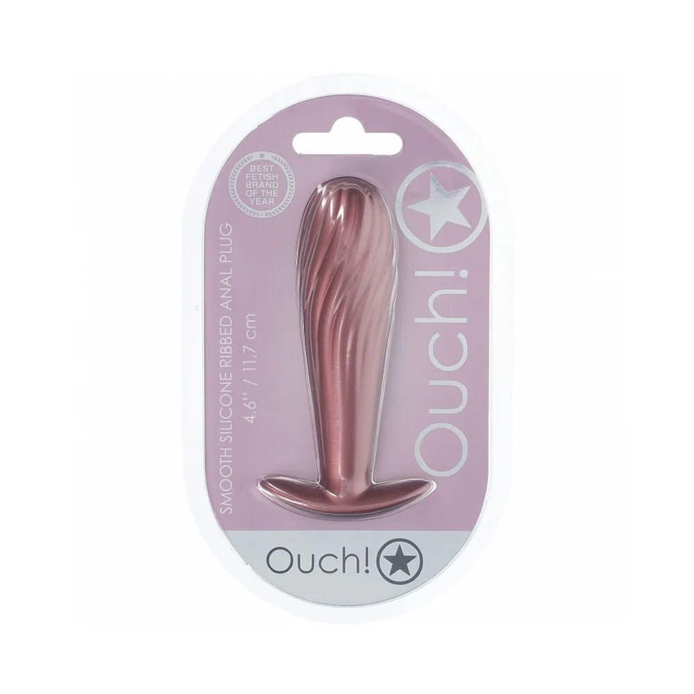 Ouch! Smooth Silicone Ribbed Anal Plug 4.6 in. Rose Gold - TruLuv Novelties