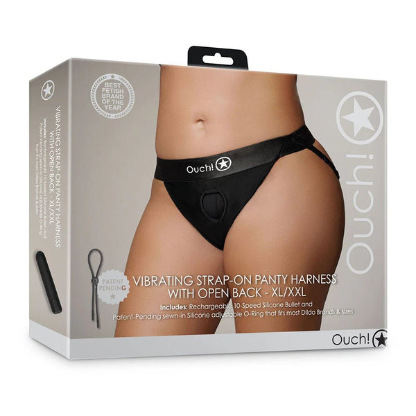 Ouch! Vibrating Strap - on Panty Harness with Open Back Black XL/2XL - TruLuv Novelties